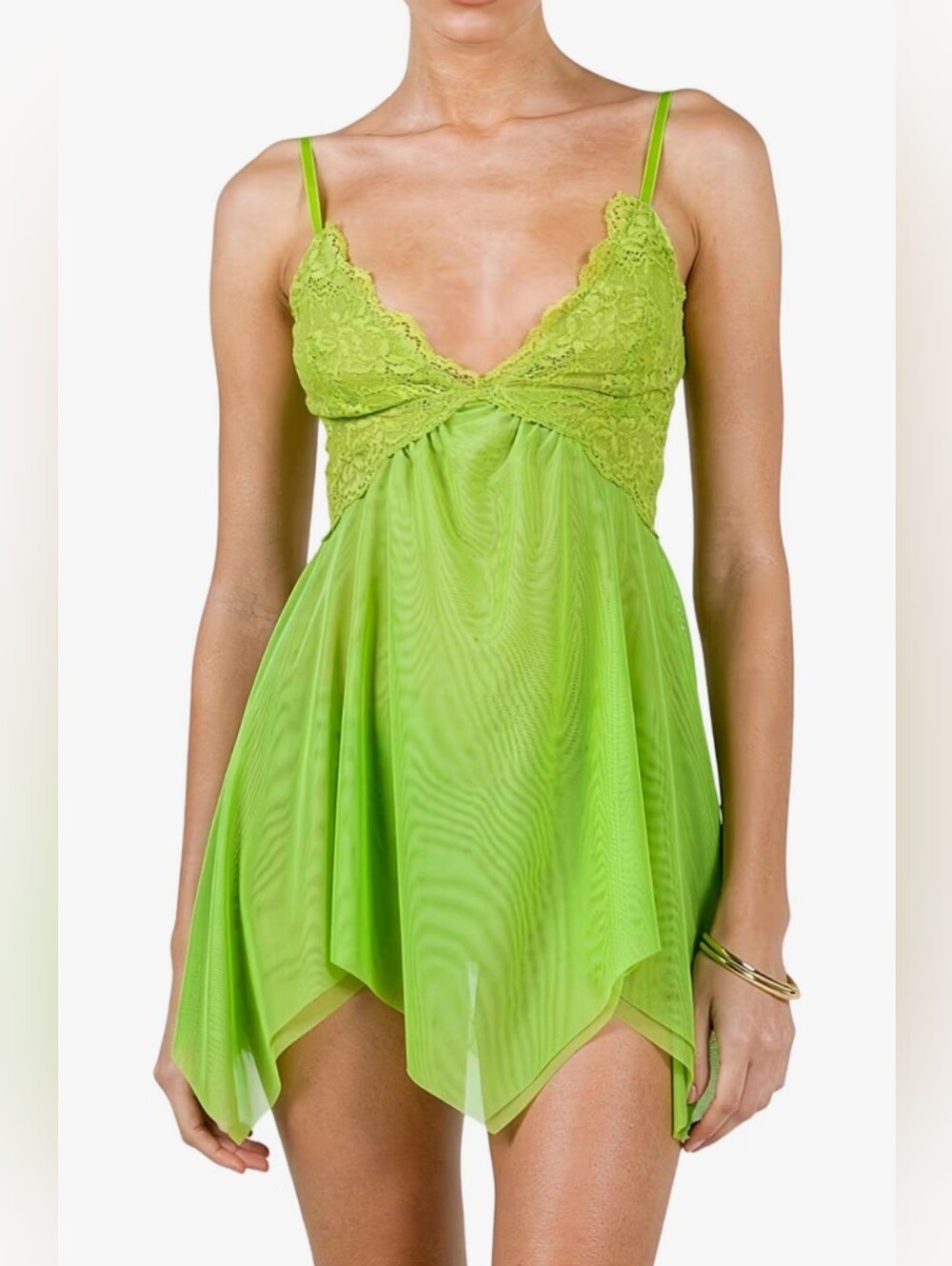 New Women’s Small Lime Green Lace Fairy Mini Dress Y2K Babydoll